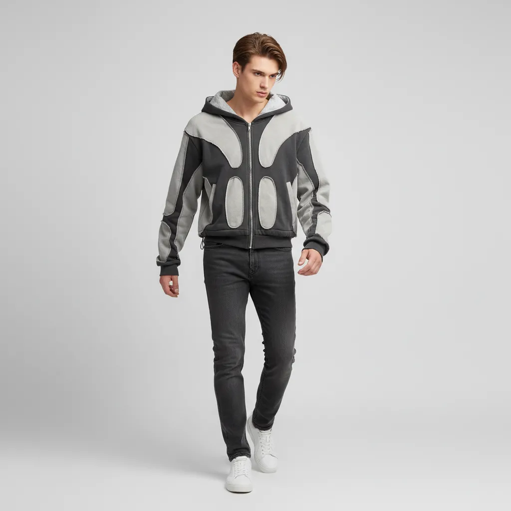 Custom Men's Grey and Black Color-Block Short Full-Zip Casual Hoodie