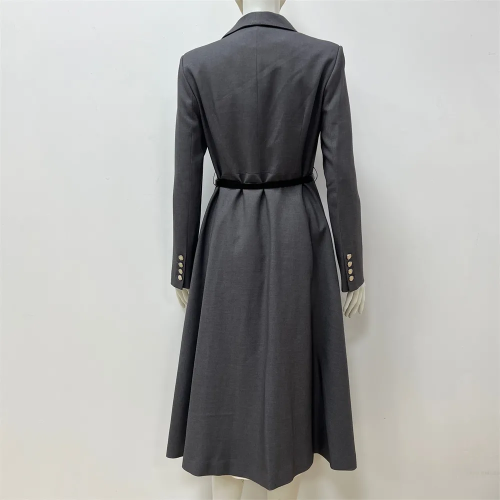 Women's Gray Midi Coat Dress: Gold Buttons, Belted Silhouette