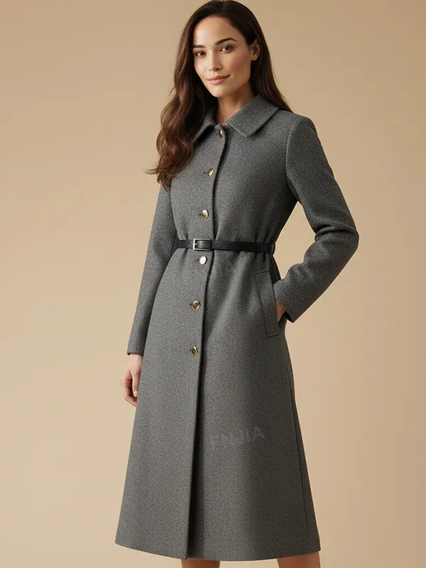 Women's Gray Midi Coat Dress: Gold Buttons, Belted Silhouette