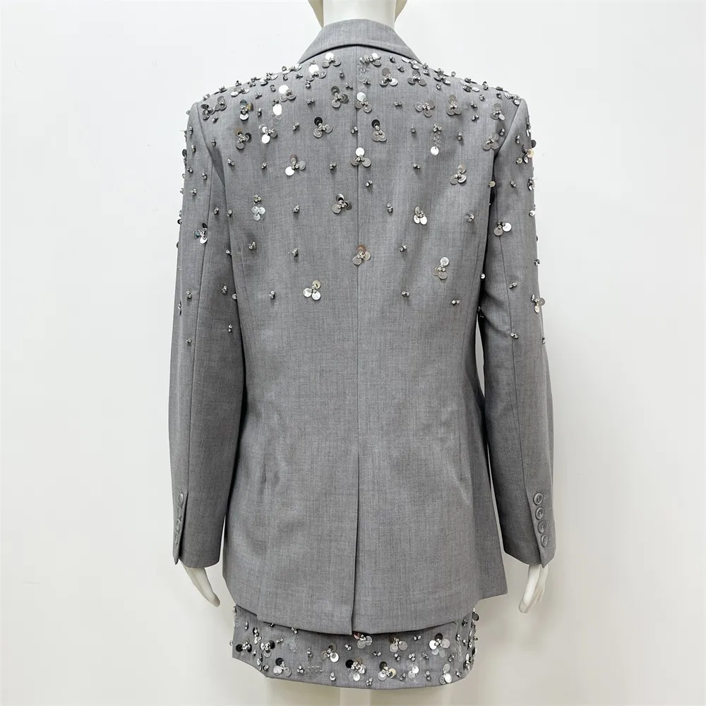 Women's Gray Sequin Blazer & Skirt Set: Double-Breasted, Party Apparel