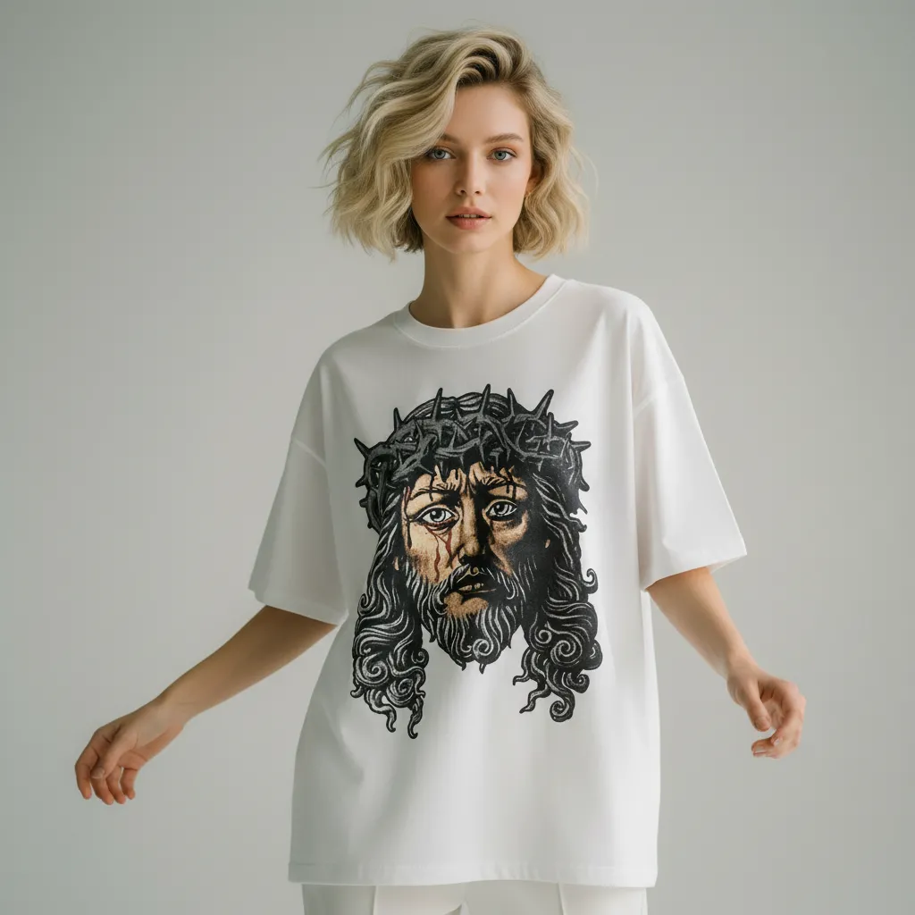Women's White Religious Graphic T-Shirt: Crown of Thorns Print, Oversized Fit