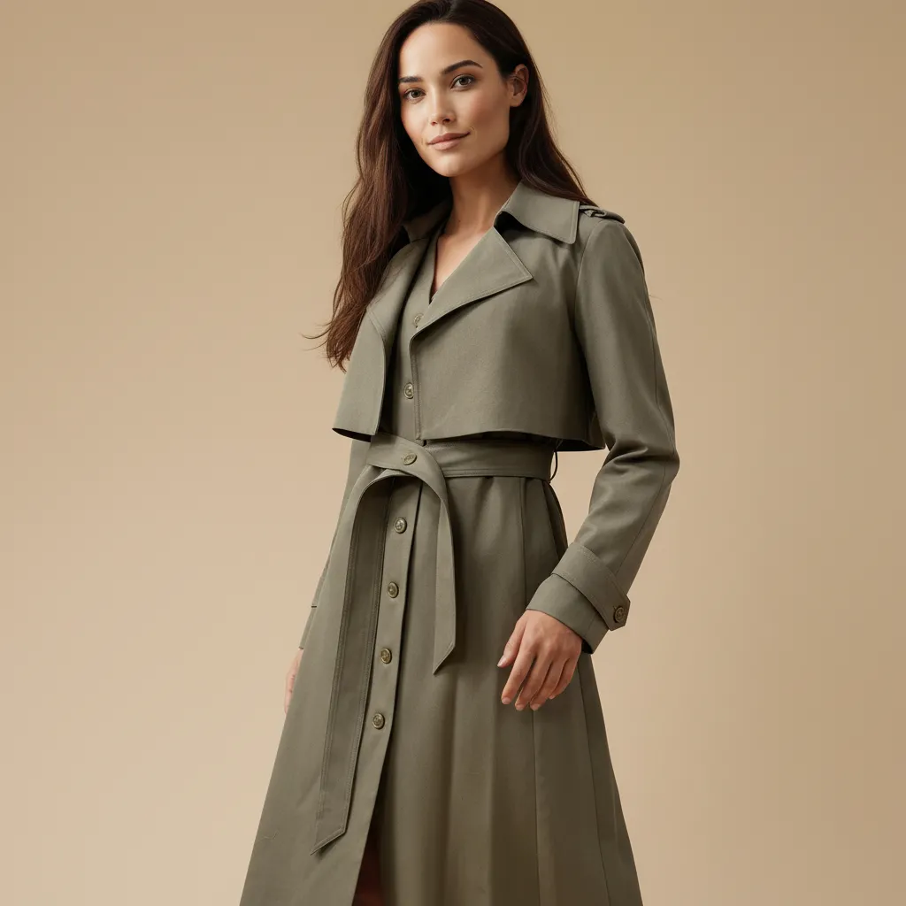 Women's Olive Green 2-Piece Set: Cropped Trench & Midi Dress