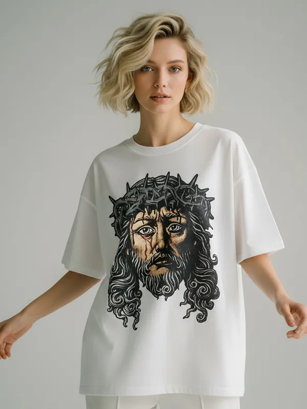 Women's White Religious Graphic T-Shirt: Crown of Thorns Print, Oversized Fit