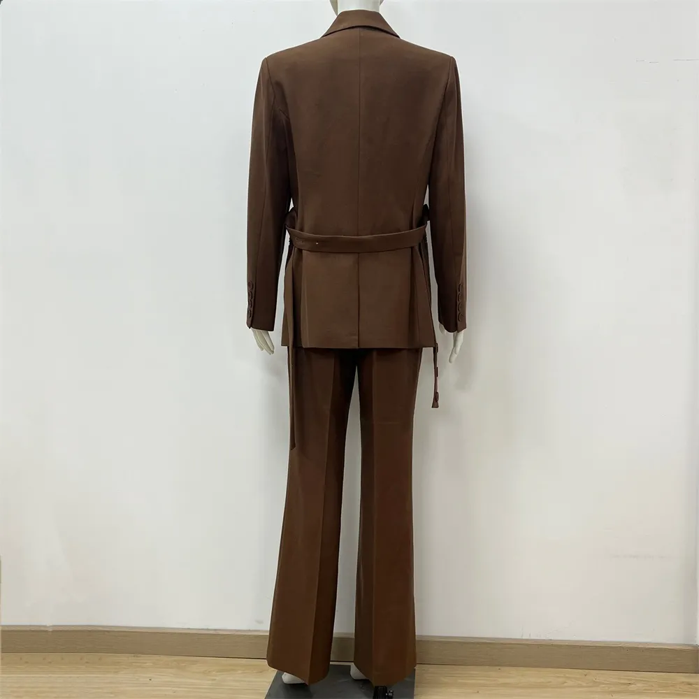 Women's Brown Double-Breasted Suit Set: Belted Blazer + Wide-Leg Pants