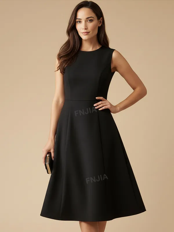 Women's Black Sleeveless Midi Dress: Flared A-Line Silhouette