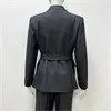 Women's Gray Double-Breasted Suit Set: Belted Blazer + Wide-Leg Pants