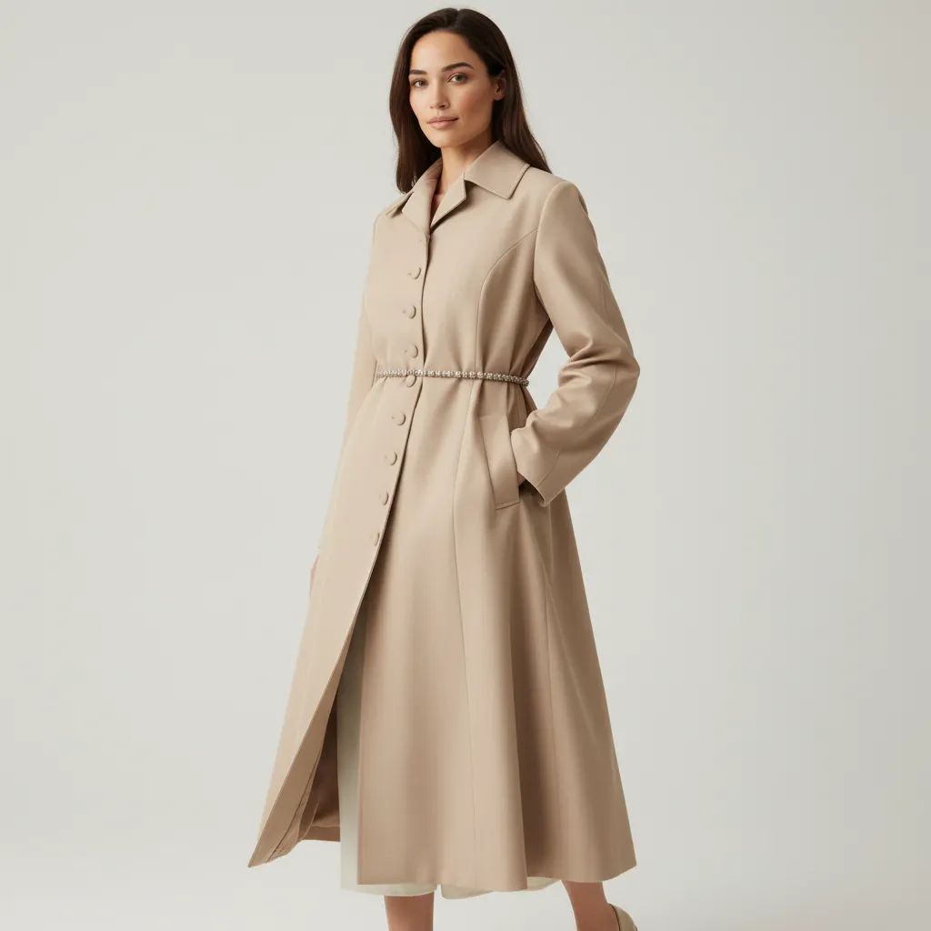 Women's Beige Long Coat: Embellished Belt, Flared Silhouette