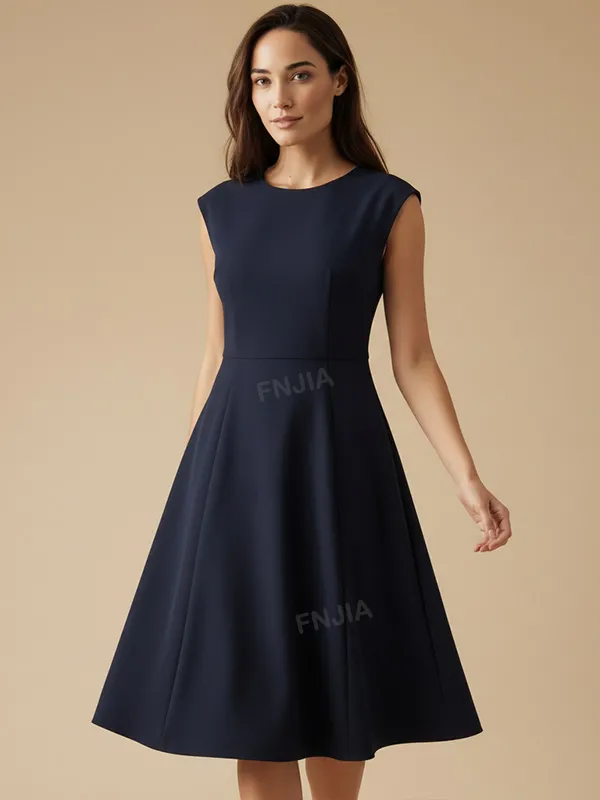 Women's Navy Sleeveless Midi Dress: Flared A-Line Silhouette