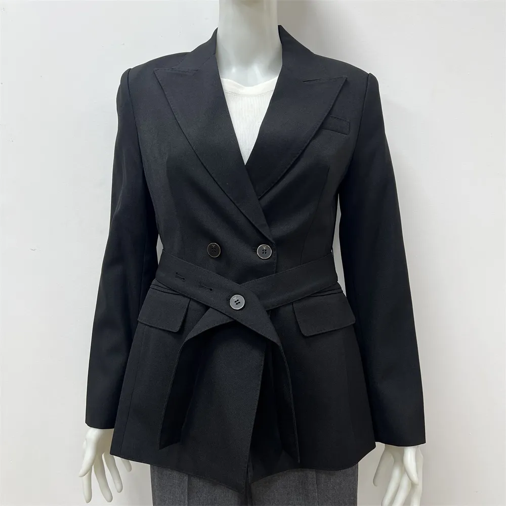 Women's Black Double-Breasted Blazer: Self-Fabric Belted, Formal Apparel