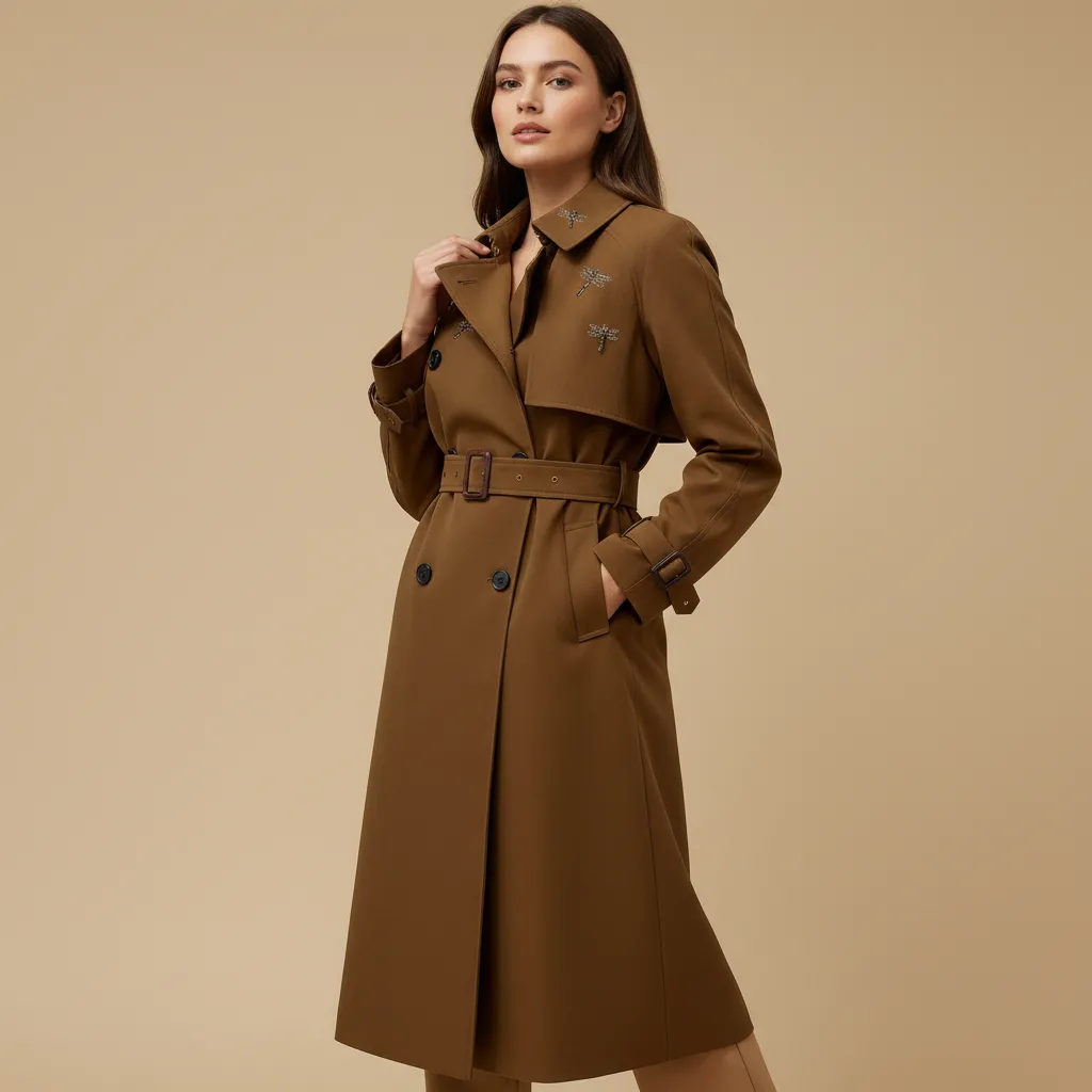 Women's Camel Trench Coat: Dragonfly Embellishments, Belted Silhouette