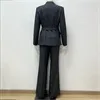 Women's Gray Double-Breasted Suit Set: Belted Blazer + Wide-Leg Pants