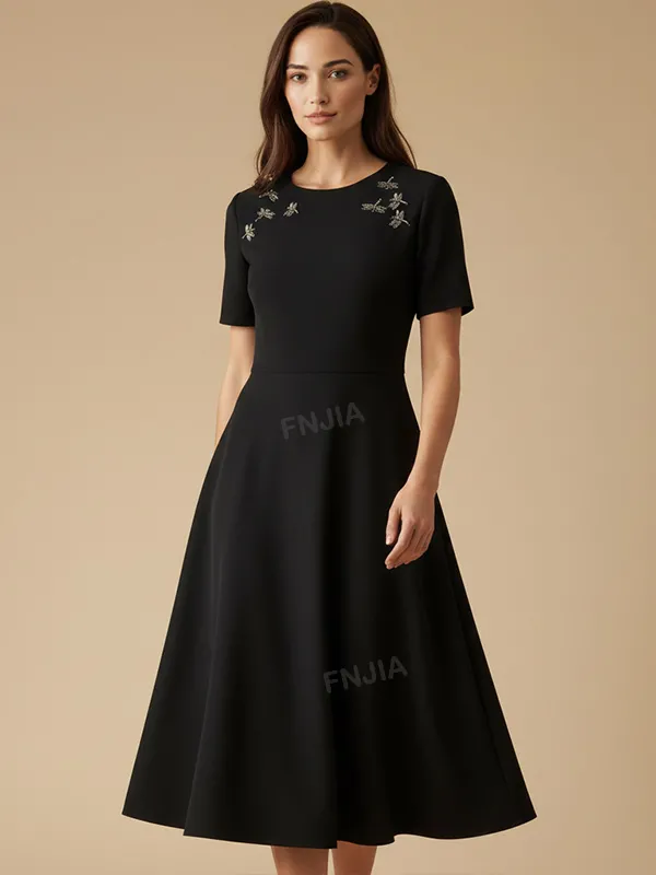Women's Black Midi Dress: Dragonfly Embellishments, Flared Silhouette