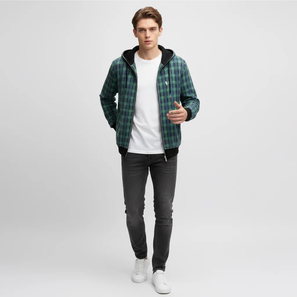 Custom Unisex Green Plaid Hoodie: Full-Zip, Contrast Trim, Casual Apparel