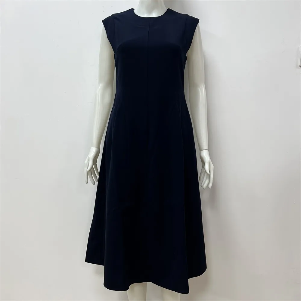 Women's Navy Sleeveless Midi Dress: Flared A-Line Silhouette