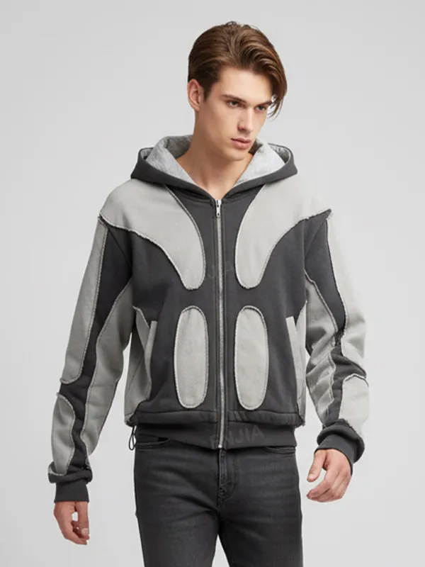 Custom Men's Grey and Black Color-Block Short Full-Zip Casual Hoodie