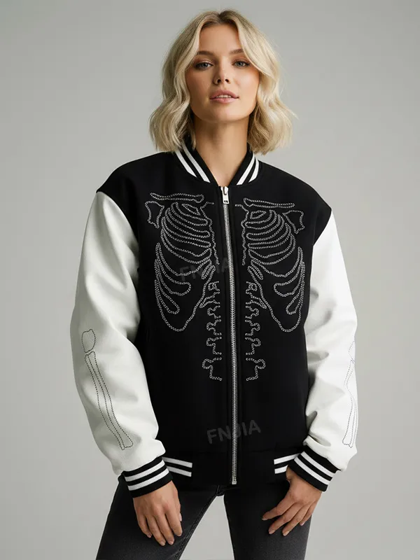 Custom Unisex Black & White Varsity Jacket: Skeleton Rhinestone Design, Casual Outerwear