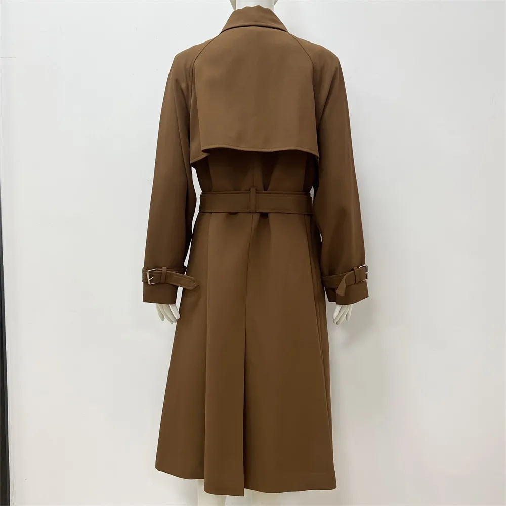 Women's Camel Trench Coat: Dragonfly Embellishments, Belted Silhouette