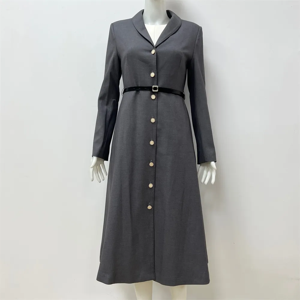 Women's Gray Midi Coat Dress: Gold Buttons, Belted Silhouette
