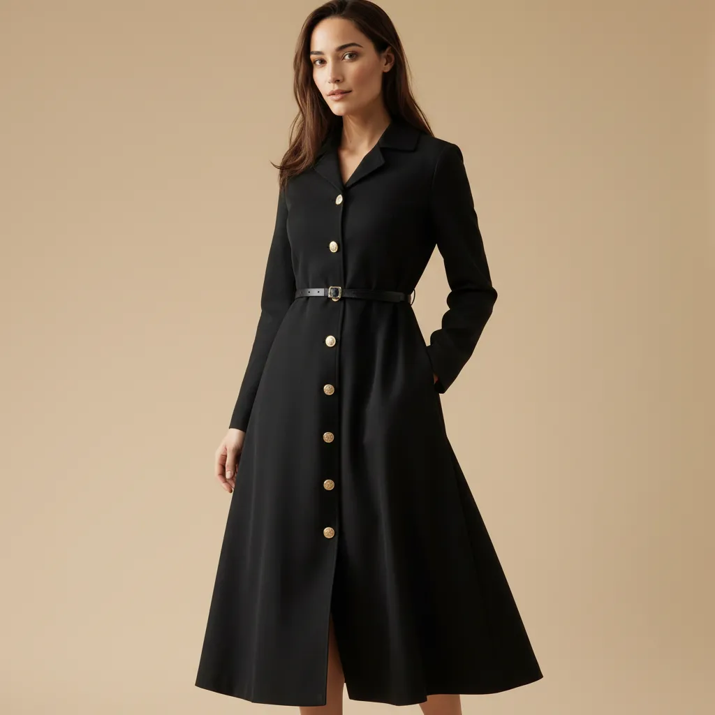 Women's Black Midi Coat Dress: Gold Buttons, Belted Silhouette