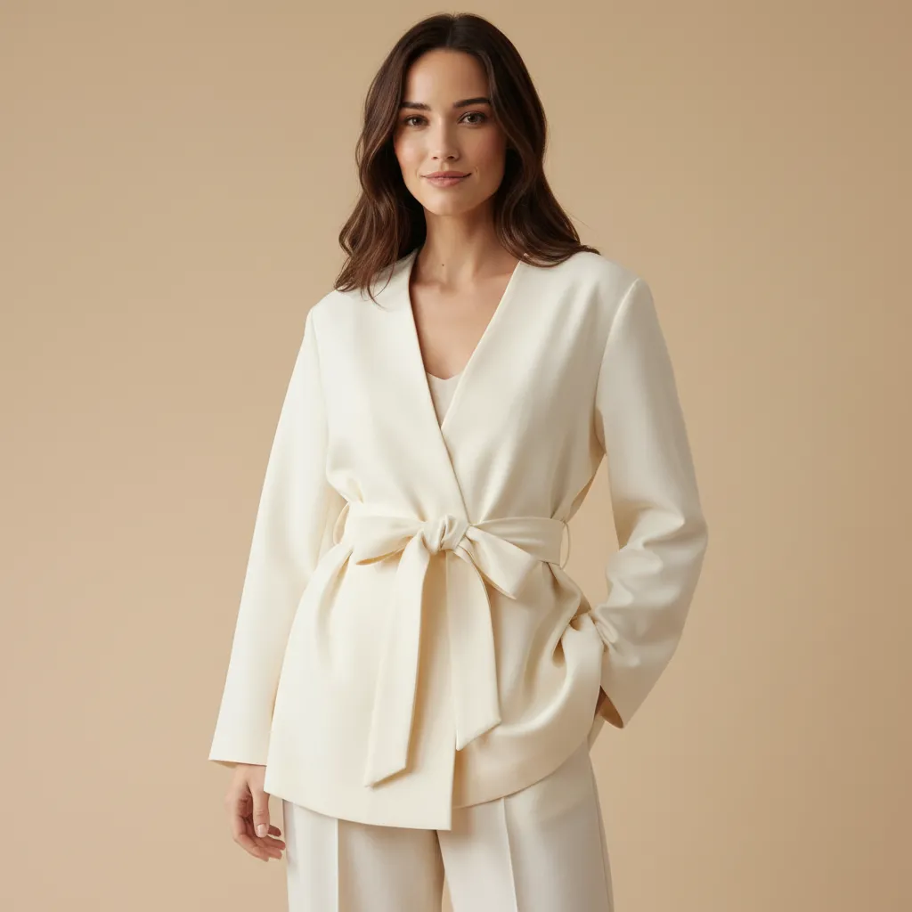 Women's Cream Wrap Blazer: Self-Fabric Belted, Formal Apparel
