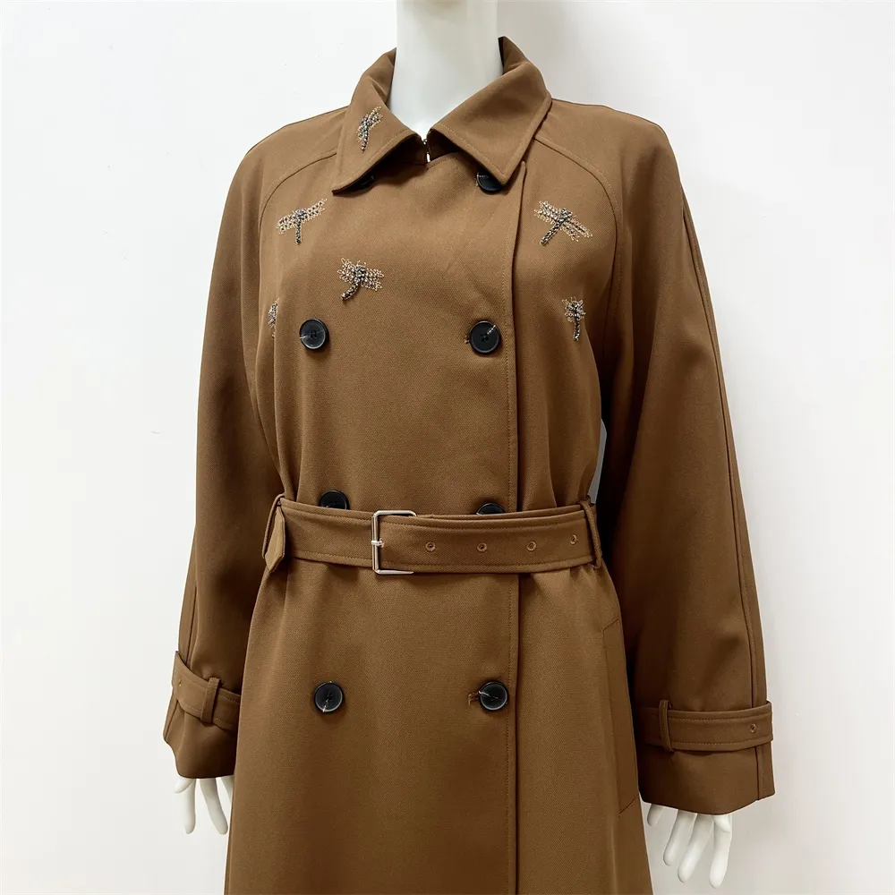 Women's Camel Trench Coat: Dragonfly Embellishments, Belted Silhouette