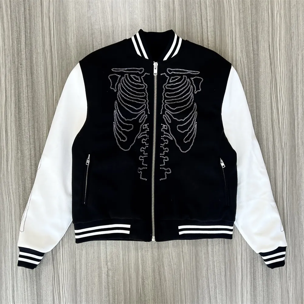 Custom Unisex Black & White Varsity Jacket: Skeleton Rhinestone Design, Casual Outerwear