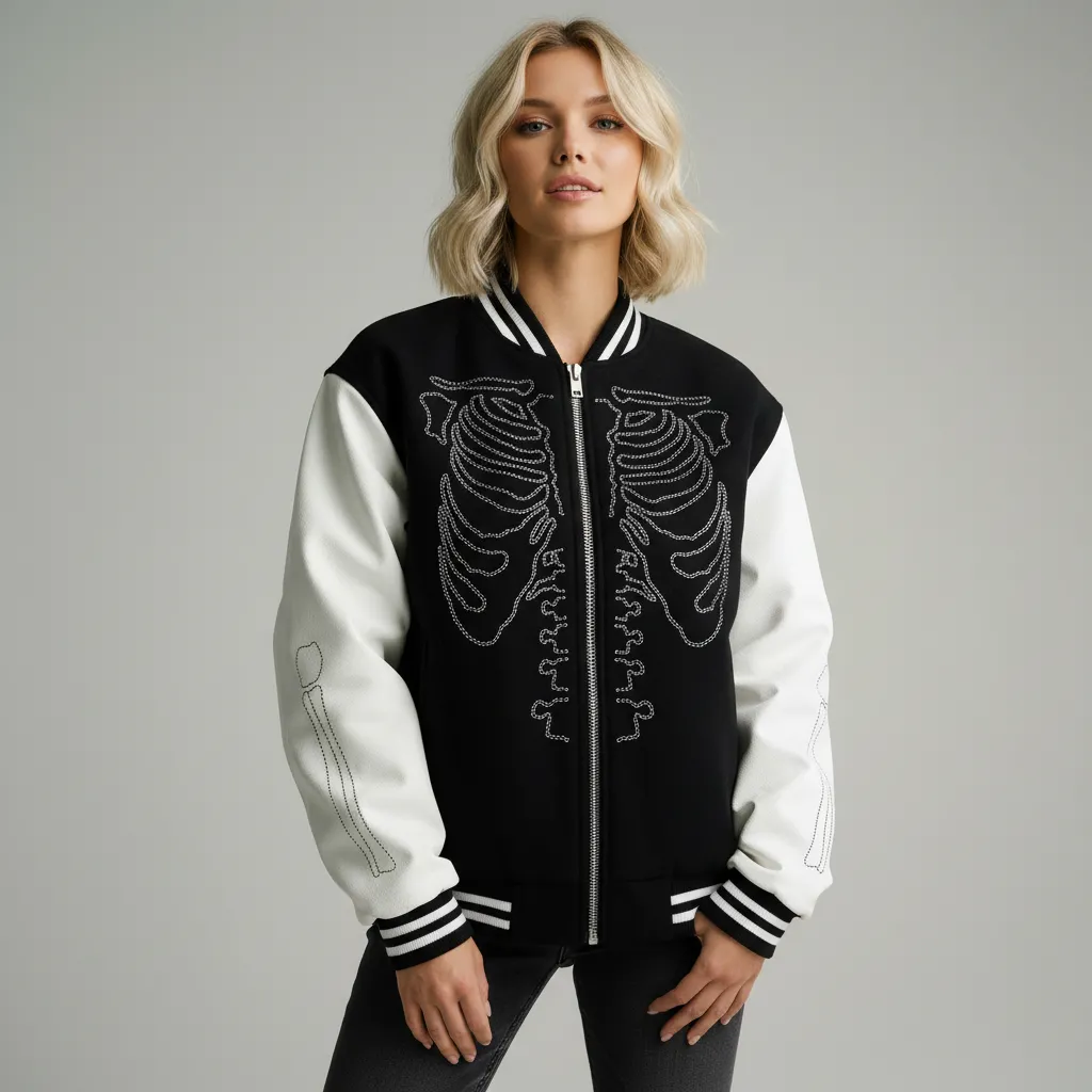 Custom Unisex Black & White Varsity Jacket: Skeleton Rhinestone Design, Casual Outerwear