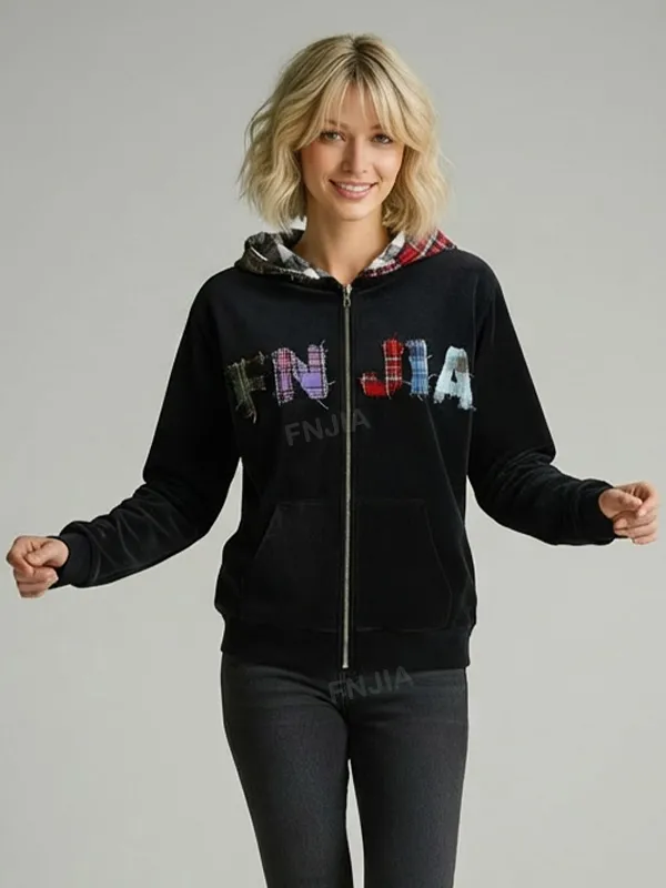 Women's Navy Patchwork Hoodie: Plaid Detail, 