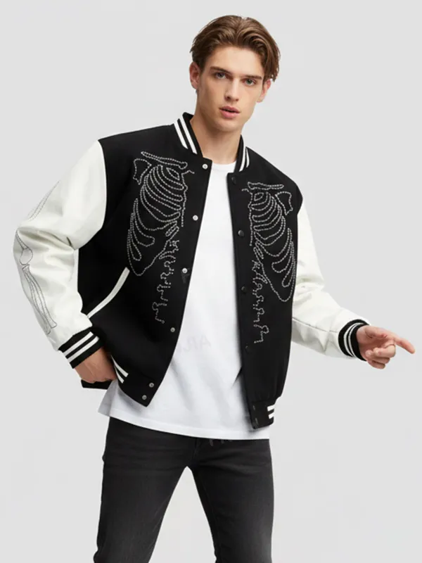 Unisex Black & White Varsity Jacket: Skeleton Rhinestone Design, Casual Outerwear