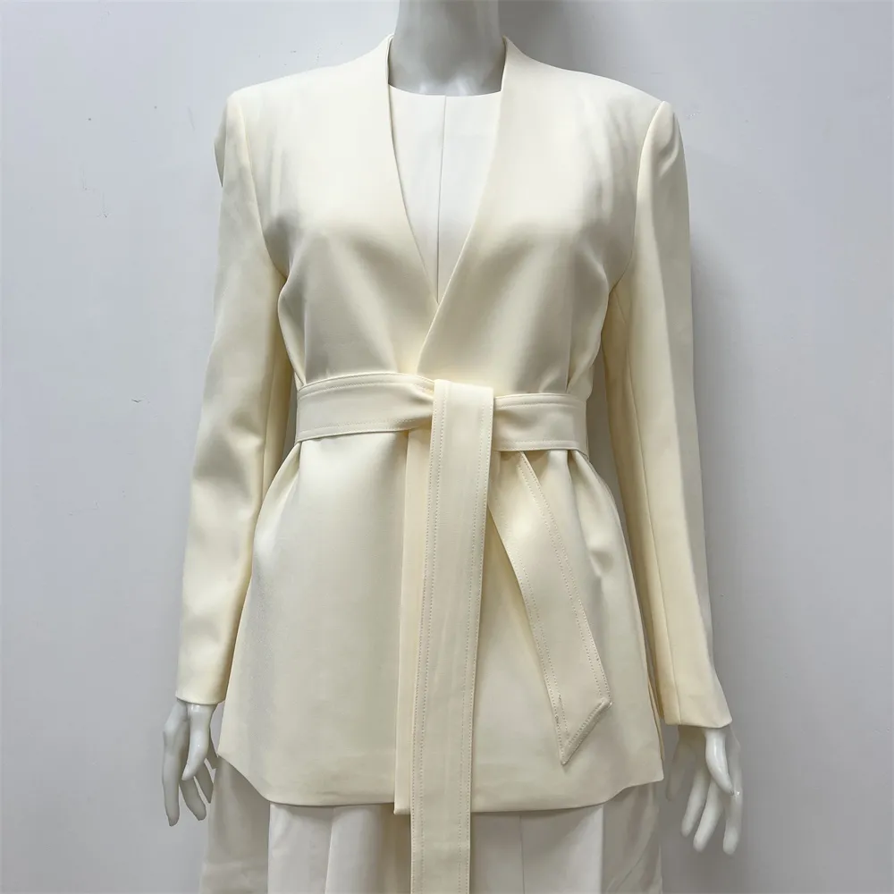 Women's Cream Wrap Blazer: Self-Fabric Belted, Formal Apparel