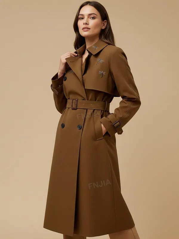 Women's Camel Trench Coat: Dragonfly Embellishments, Belted Silhouette