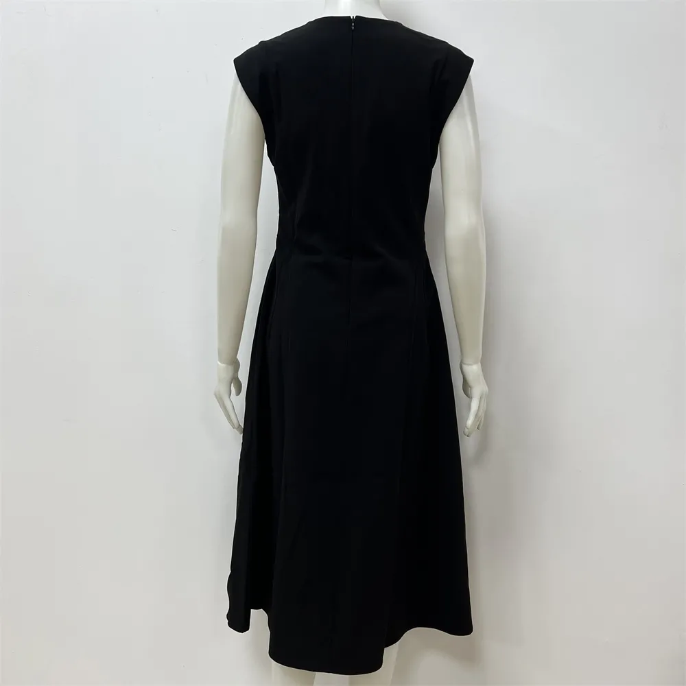 Women's Black Sleeveless Midi Dress: Flared A-Line Silhouette