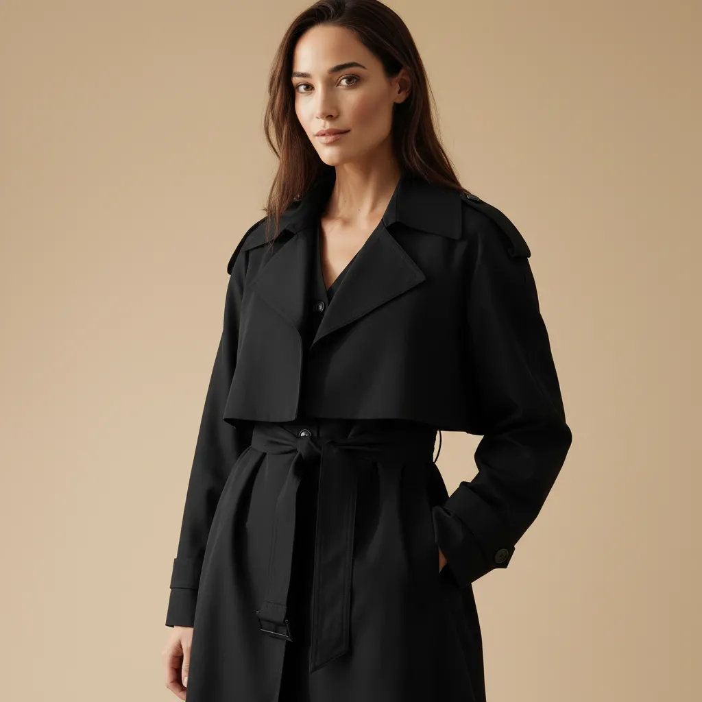 Women's Black Trench Coat: Dragonfly Embellishments, Belted Silhouette