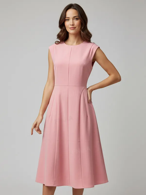Women's Blush Pink Sleeveless Midi Dress: Flared A-Line Silhouette
