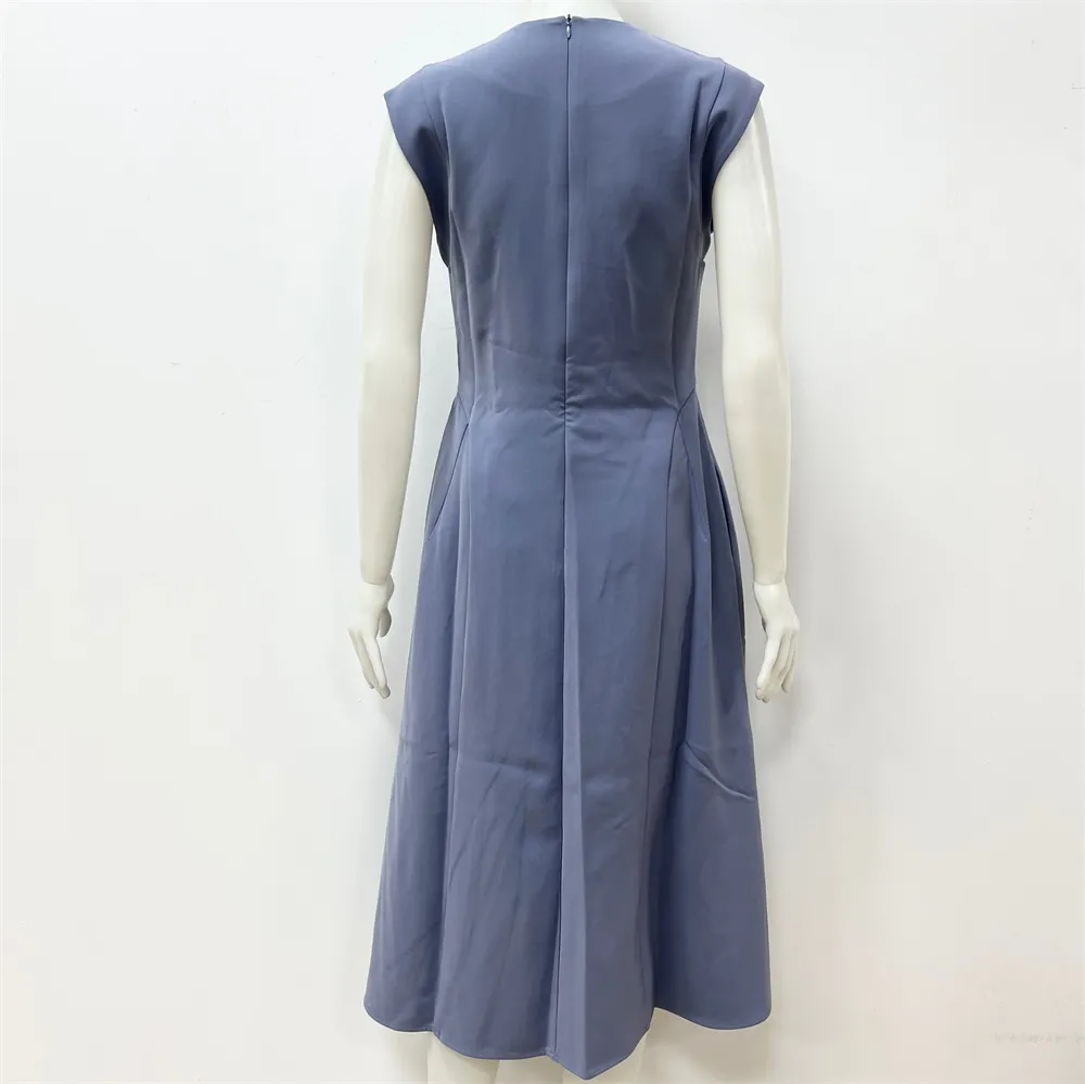 Women's Dusty Blue Sleeveless Midi Dress: Flared A-Line Silhouette