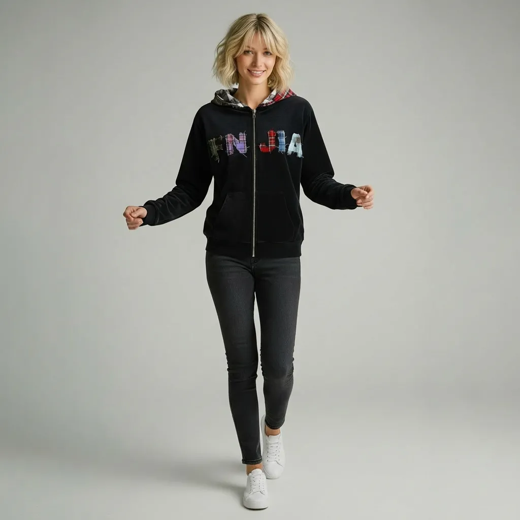 Women's Navy Patchwork Hoodie: Plaid Detail, "FNJIA" Logo, Casual Apparel
