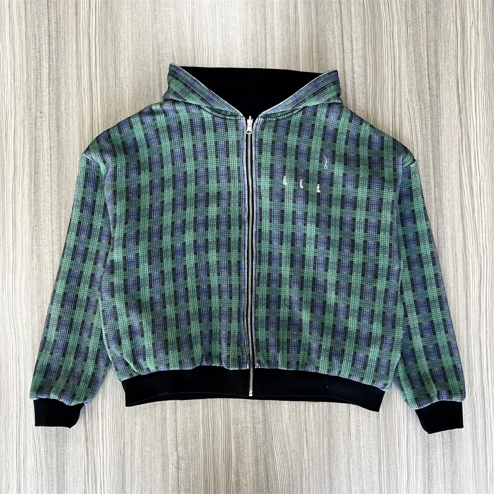 Custom Unisex Green Plaid Hoodie: Full-Zip, Contrast Trim, Casual Apparel