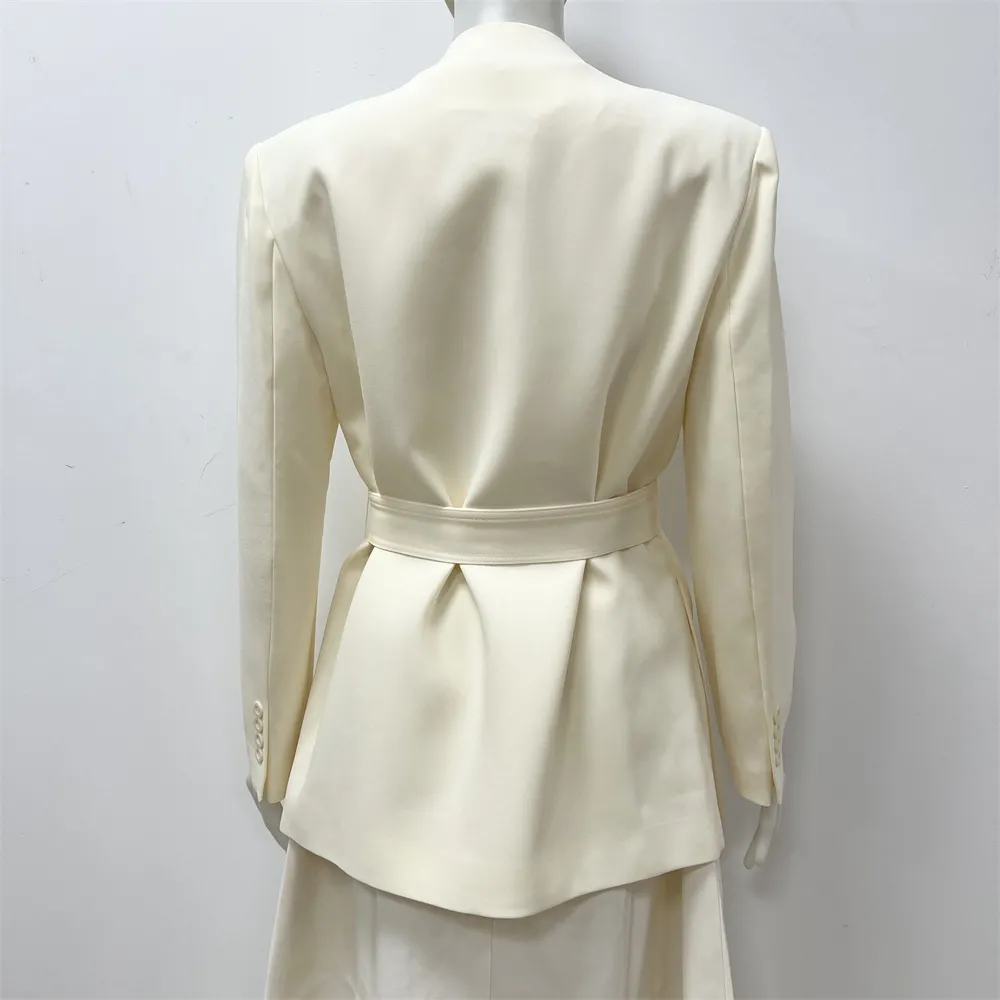 Women's Cream Wrap Blazer: Self-Fabric Belted, Formal Apparel