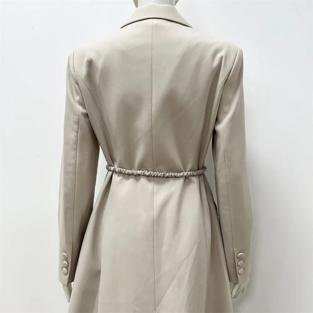 Women's Beige Long Coat: Embellished Belt, Flared Silhouette