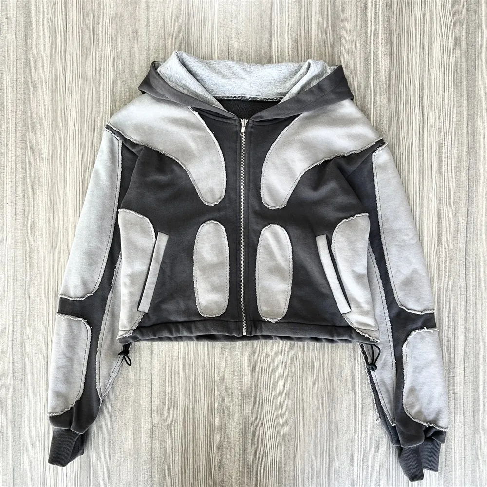 Custom Men's Grey and Black Color-Block Short Full-Zip Casual Hoodie