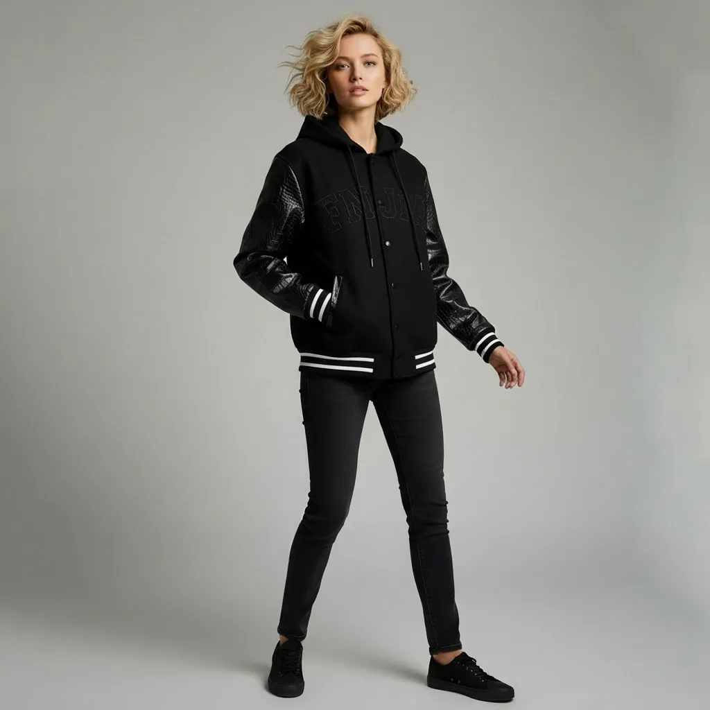 Unisex Navy Hooded Varsity Jacket: Leather Sleeves, "FNJIA" Logo, Casual Apparel