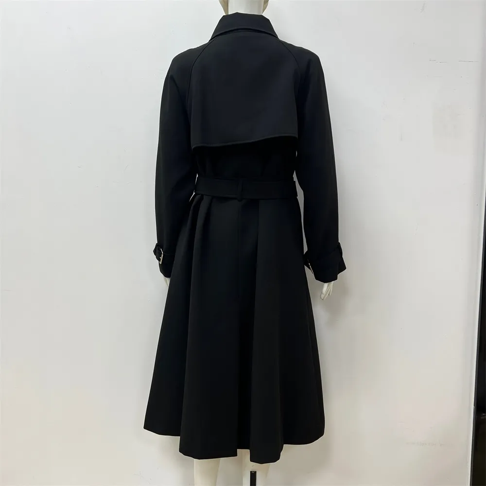 Women's Black Trench Coat: Dragonfly Embellishments, Belted Silhouette