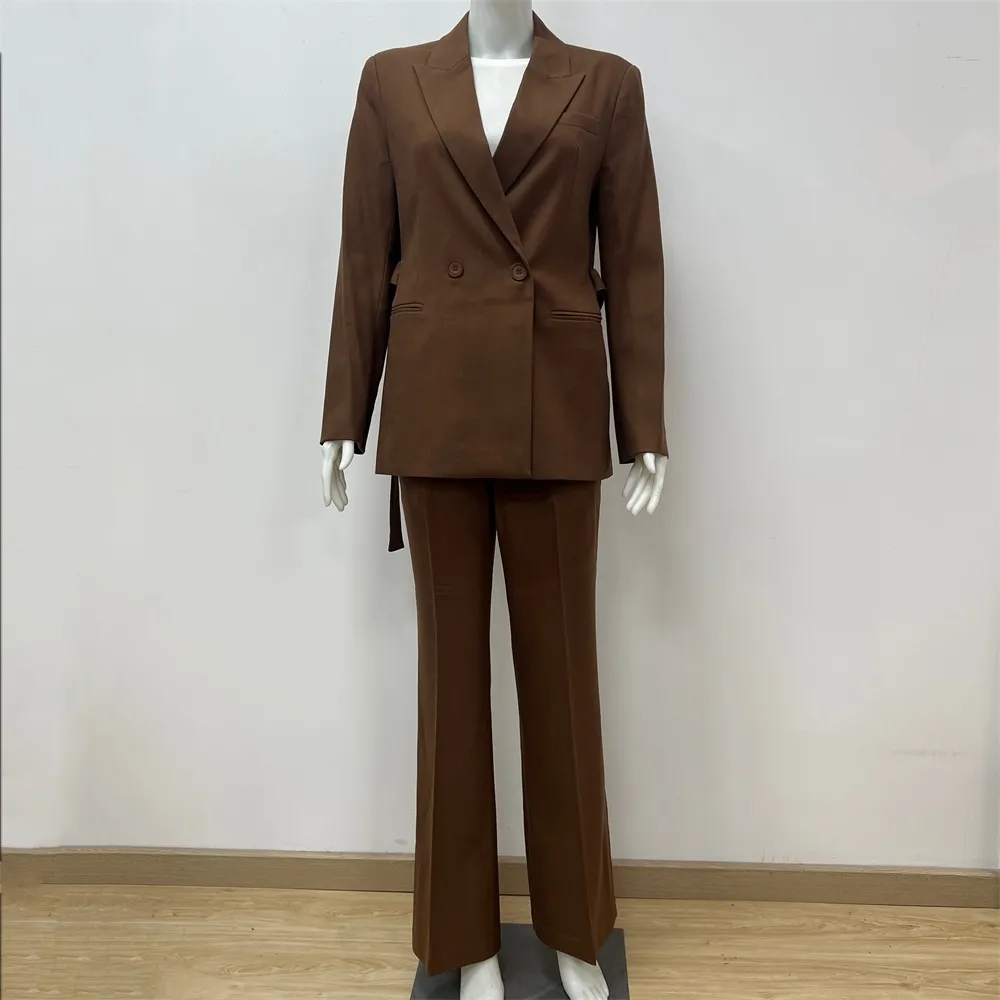 Women's Brown Double-Breasted Suit Set: Belted Blazer + Wide-Leg Pants
