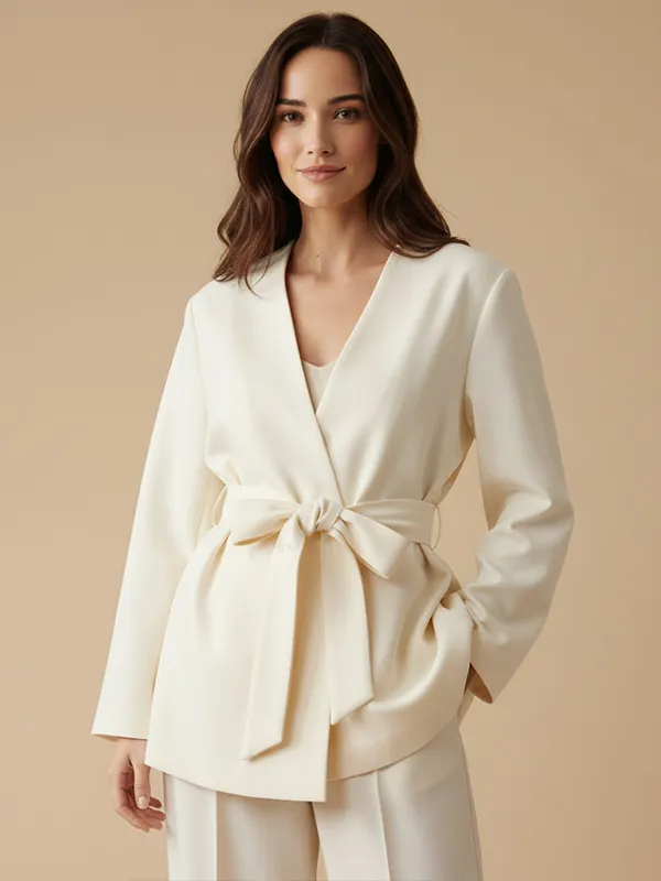 Women's Cream Wrap Blazer: Self-Fabric Belted, Formal Apparel