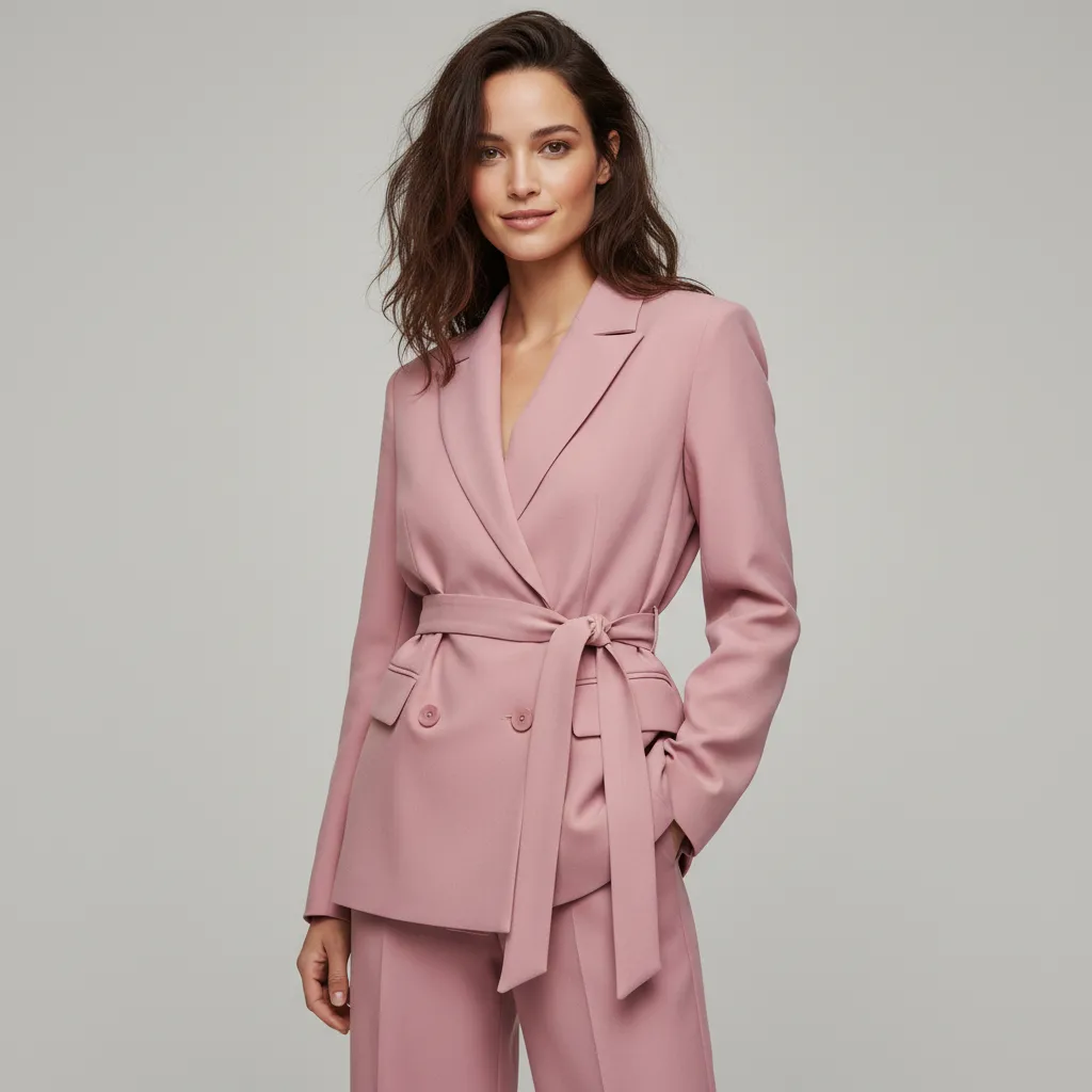 Women's Pink Double-Breasted Suit Set: Belted Blazer + Wide-Leg Pants