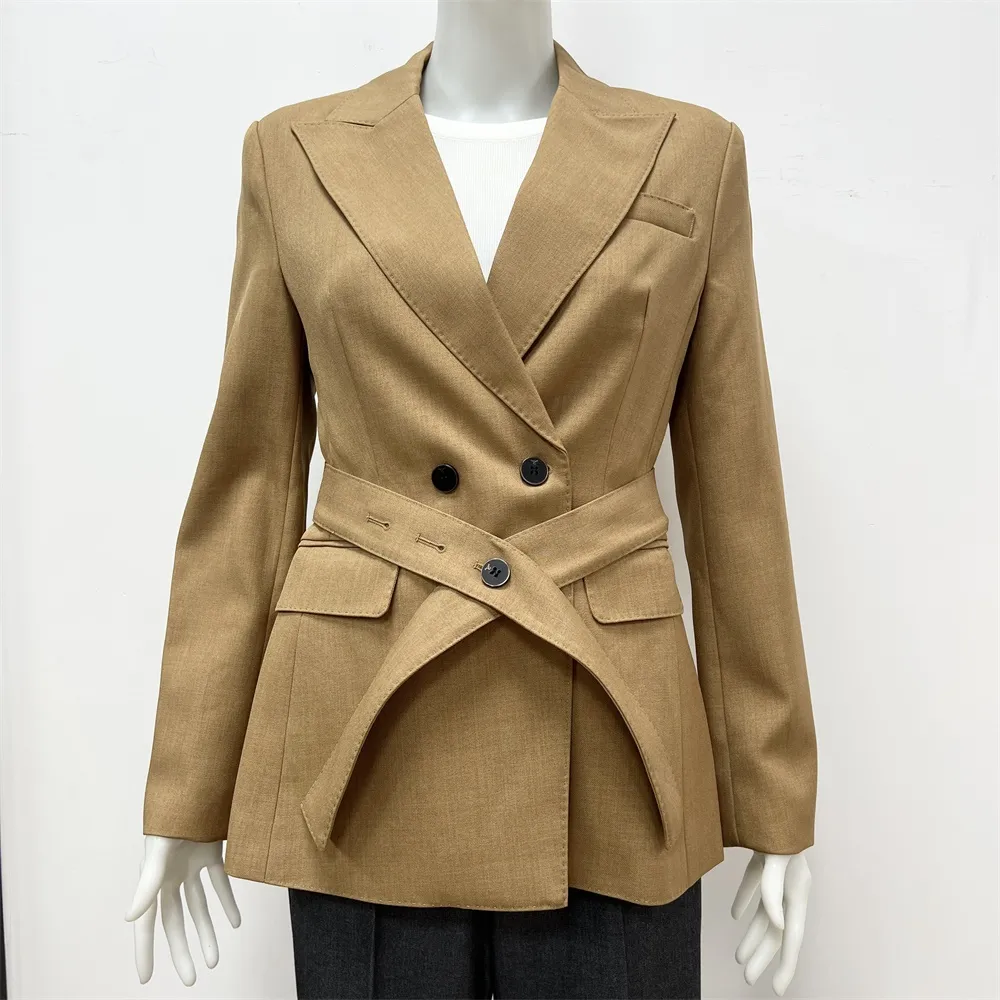 Women's Camel Double-Breasted Blazer: Belted, Black Accent Buttons