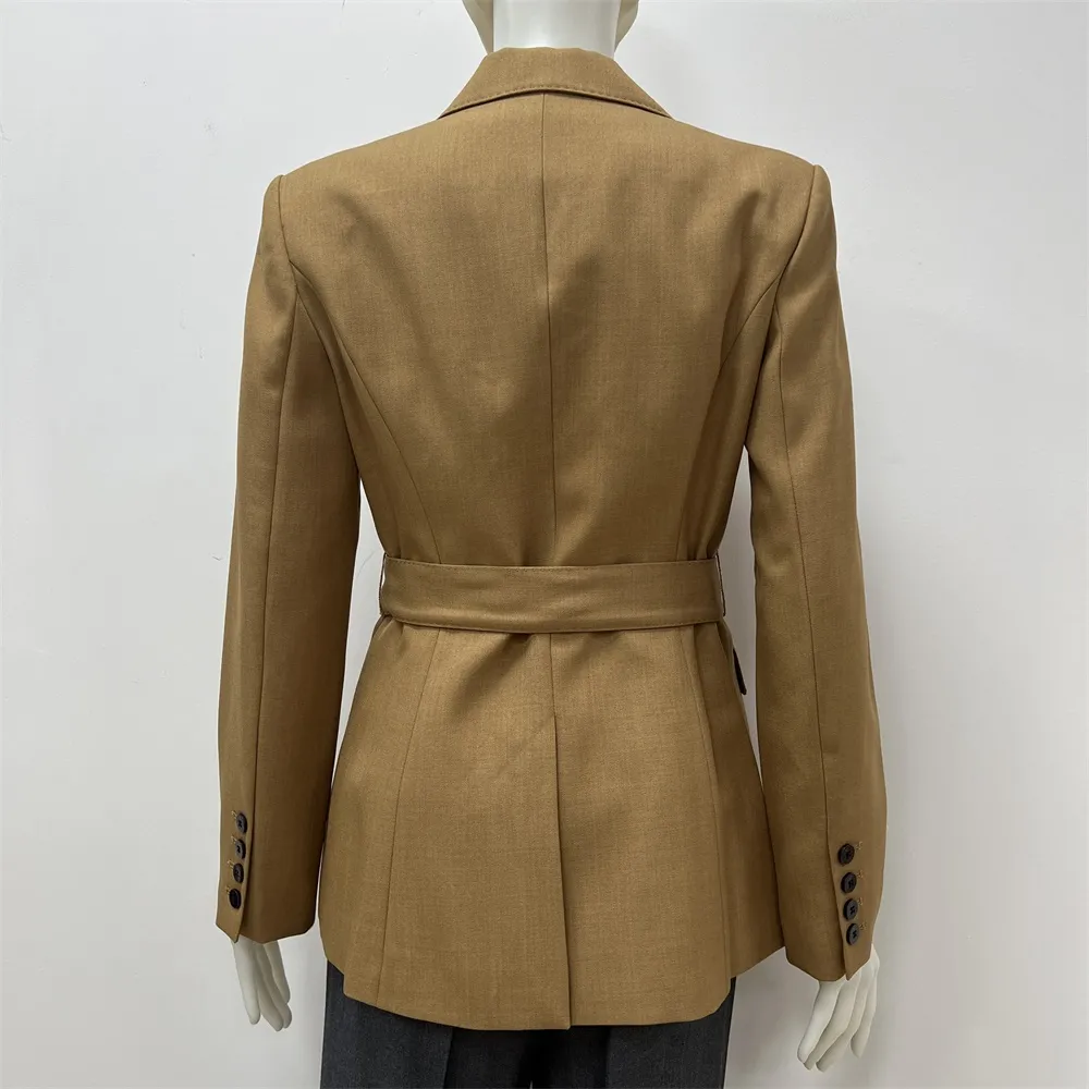 Women's Camel Double-Breasted Blazer: Belted, Black Accent Buttons