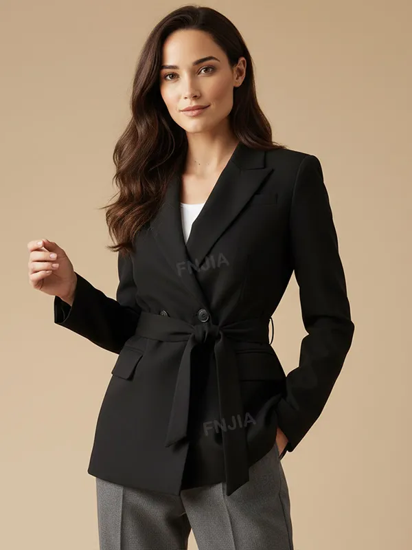 Women's Black Double-Breasted Blazer: Self-Fabric Belted, Formal Apparel
