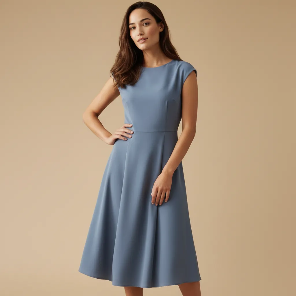 Women's Dusty Blue Sleeveless Midi Dress: Flared A-Line Silhouette