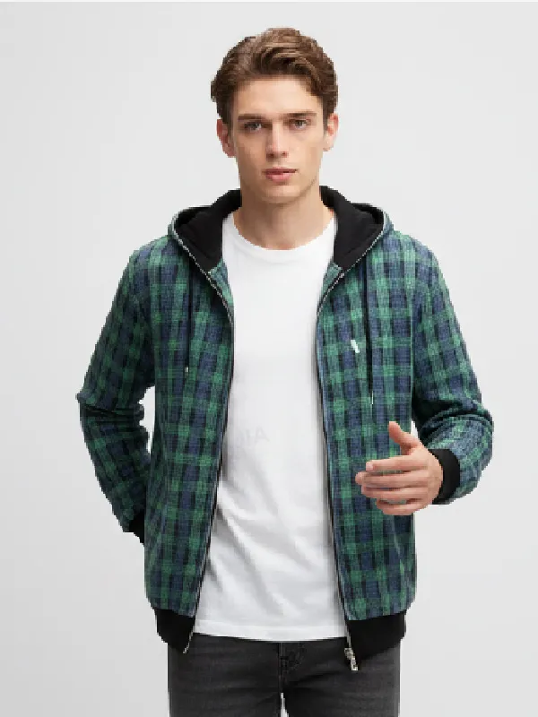 Custom Unisex Green Plaid Hoodie: Full-Zip, Contrast Trim, Casual Apparel